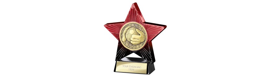SUPERSTAR RED FOOTBALL GOALKEEPER RESIN TROPHY - 2 SIZES - 11CM & 14CM SUPERSTAR RED FOOTBALL GOALKEEPER RESIN TROPHY - 2 SIZES - 11CM & 14CM